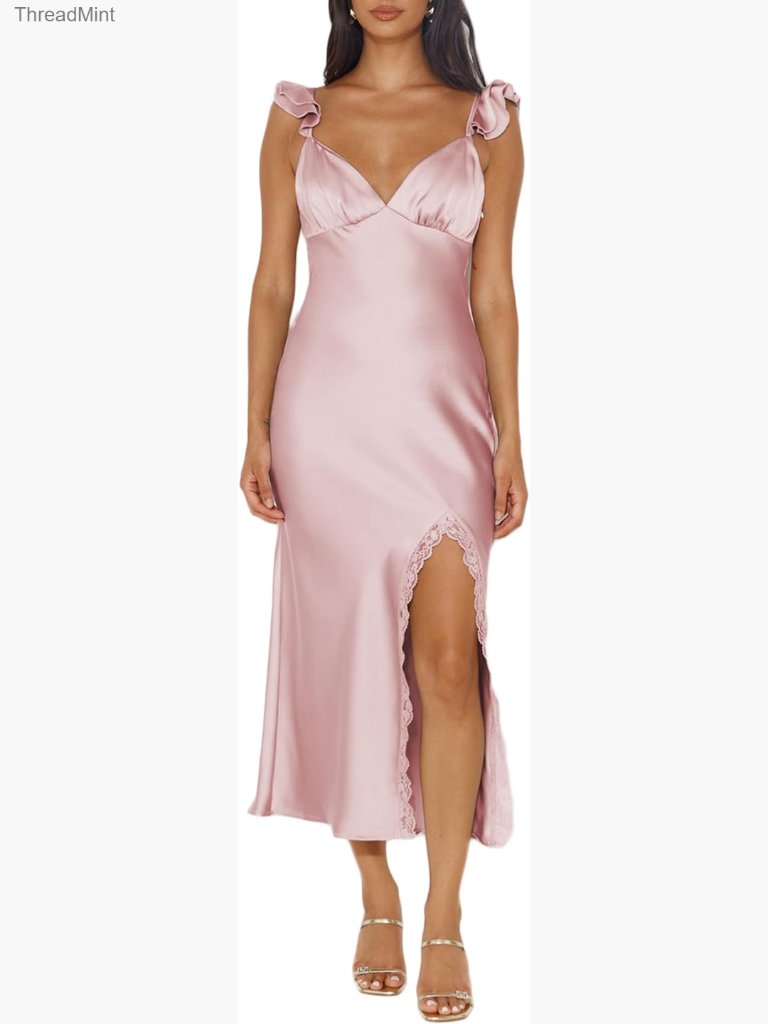 Satin Sleeveless V-Neck Backless Maxi Dress With Side Slit Lace Trim